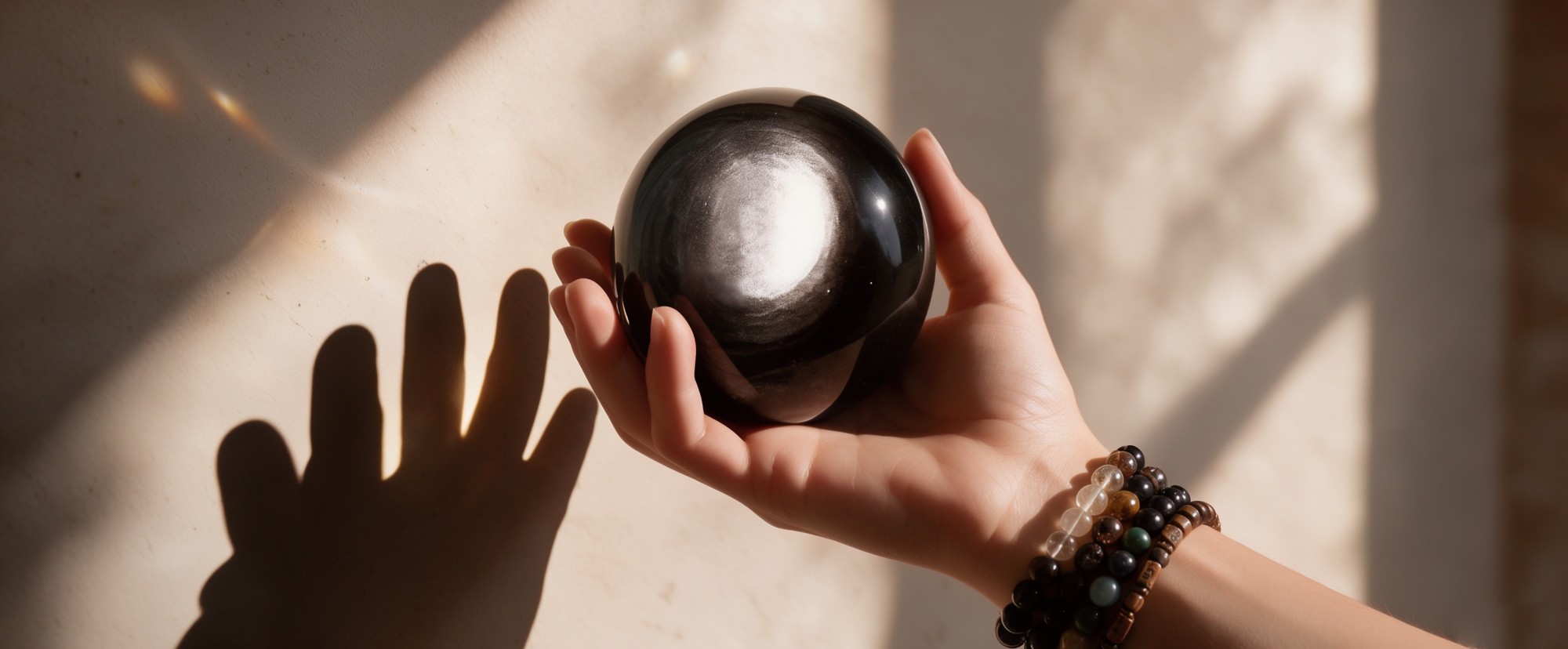 A hand holding a polished black obsidian sphere, sunlight and shadow on a warm wall